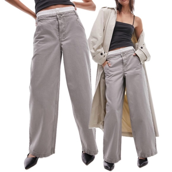 Topshop Denim - Topshop Boxer Waistband Cotton-Blend Wide-Leg Denim Pants (Grey/White)